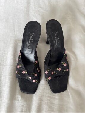 Nicole Miller Black Floral Embroidered Slip-On Heels